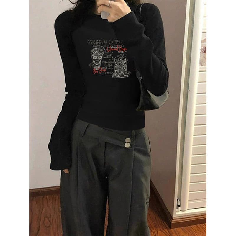 긍정적 인 어깨 라운드 넥 긴팔 몸매 가꾸기 티셔츠 가을 겨울 새로운 아메리칸 다용도 슬림해 보이는 프린트 만나는 맨위 여성 이미지 4