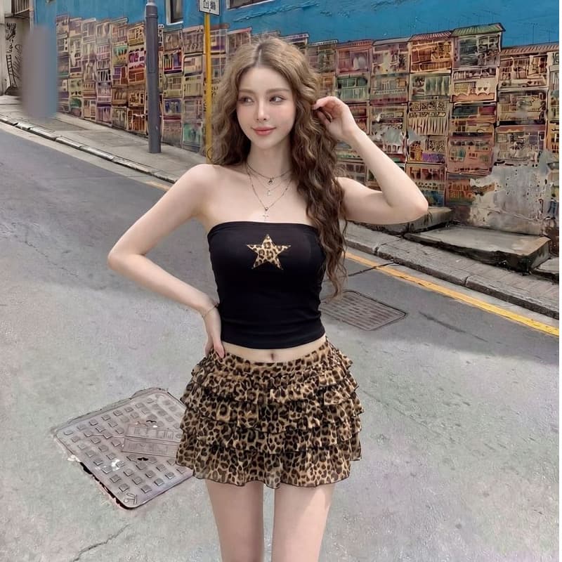 레오파드 무늬 별 여름 튜브탑 외출용 고급 민소매 조끼 배색 몸매 가꾸기 쇼트 스타일 이슬 뼈의 맨위