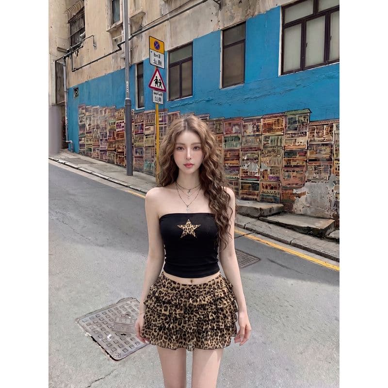 레오파드 무늬 별 여름 튜브탑 외출용 고급 민소매 조끼 배색 몸매 가꾸기 쇼트 스타일 이슬 뼈의 맨위 이미지 2