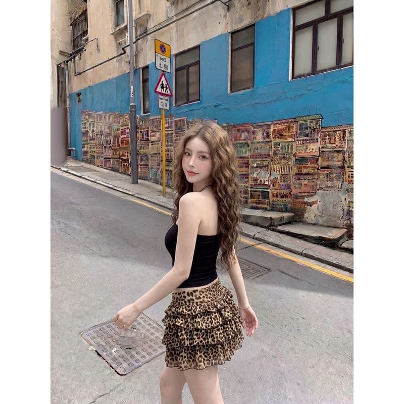 레오파드 무늬 별 여름 튜브탑 외출용 고급 민소매 조끼 배색 몸매 가꾸기 쇼트 스타일 이슬 뼈의 맨위 상세 이미지 4