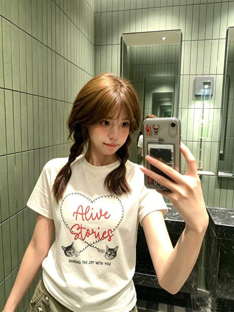 부드러운 소녀 바람 하트 새끼 고양이 프린트 반팔 티셔츠 여성 여름 새로운 긍정적 인 어깨 슬림해 보이는 고유 한 Chic 맨위 이미지 4