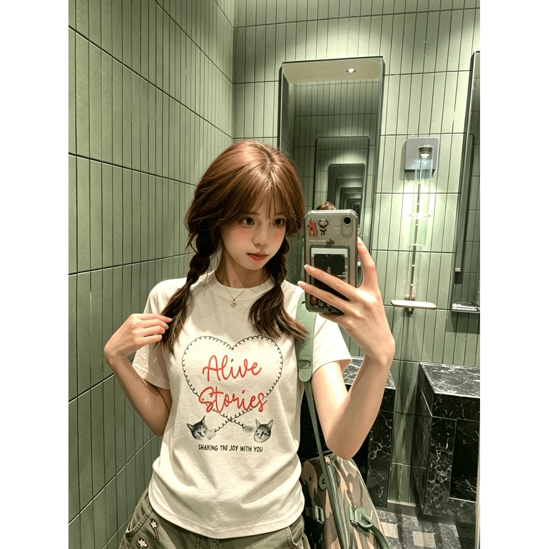 부드러운 소녀 바람 하트 새끼 고양이 프린트 반팔 티셔츠 여성 여름 새로운 긍정적 인 어깨 슬림해 보이는 고유 한 Chic 맨위 이미지 5