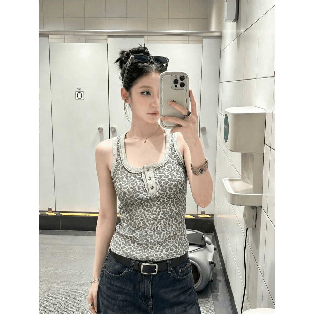 아메리칸 개성 품격 연령 감소 착용 가져 가라. 레오파드 무늬 프린트 캐미솔 여름 새로운 몸매 가꾸기 슬림해 보이는 외출용 맨위 이미지 5