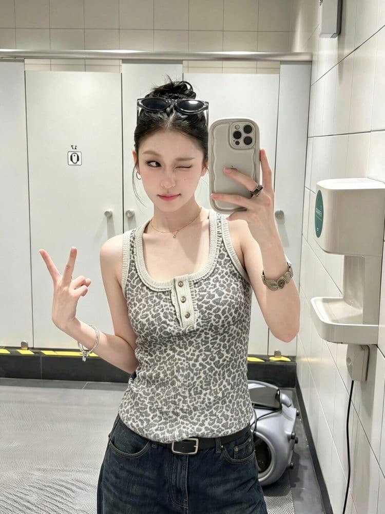 아메리칸 개성 품격 연령 감소 착용 가져 가라. 레오파드 무늬 프린트 캐미솔 여름 새로운 몸매 가꾸기 슬림해 보이는 외출용 맨위 상세 이미지 7