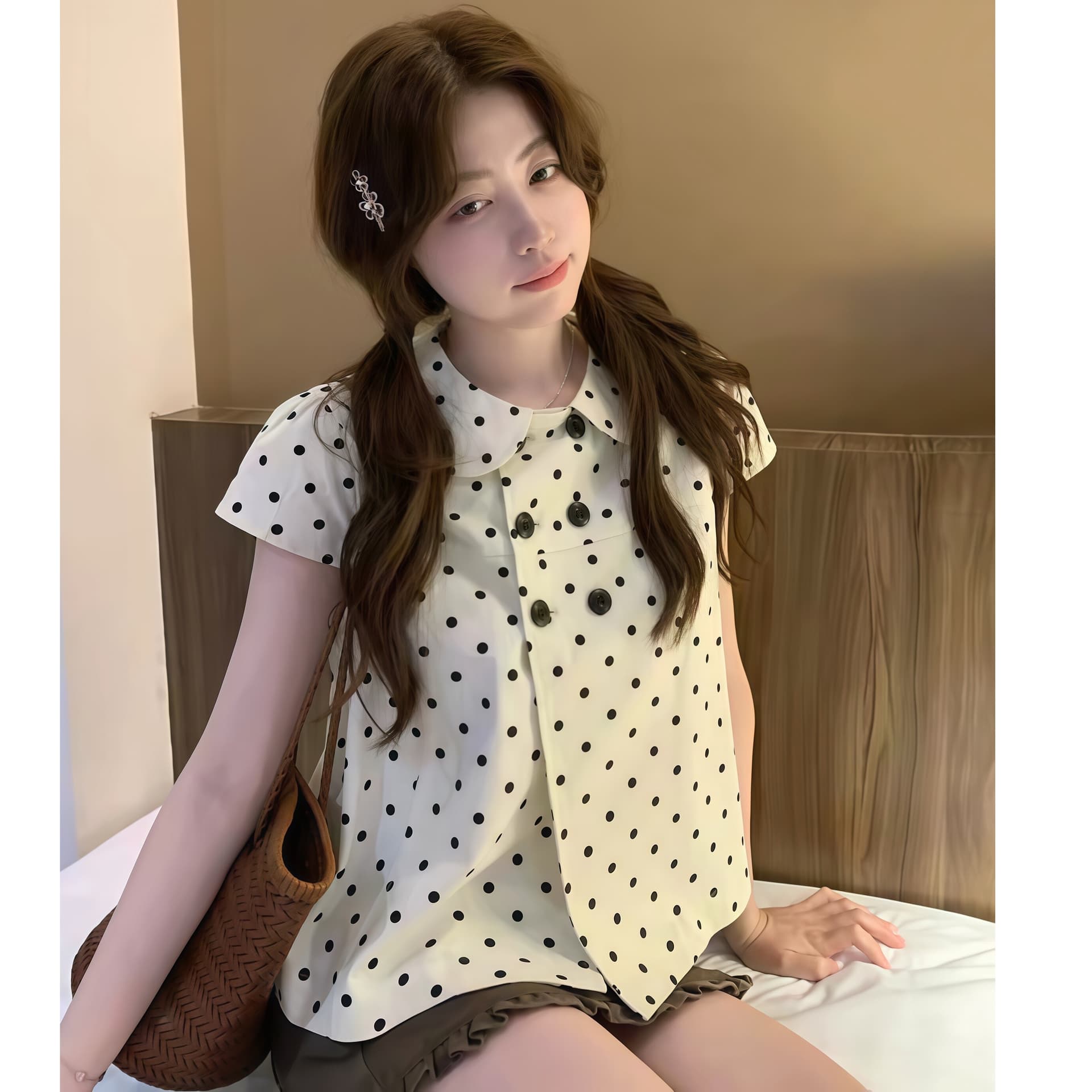 여름 새로운 프랑스식 이중 버튼 도트 무늬 블라우스 디자인 센스 외국 가스 장난기 넘치는 반팔 맨위 여성 이미지 3