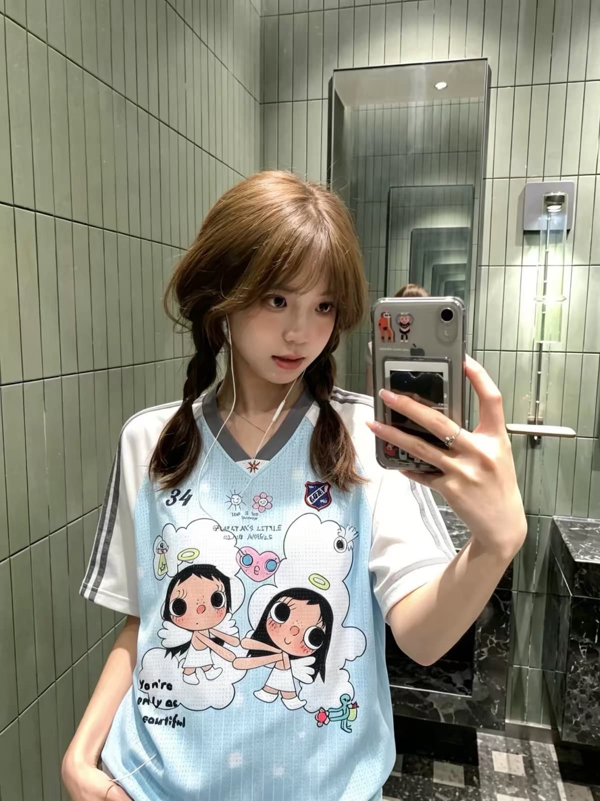 한 부서 달콤함 도트 무늬 작은 옥 배색 V넥 저지 반팔 티셔츠 남녀 여름 디자인 센스 루즈핏 캐주얼 맨위 상세 이미지 3