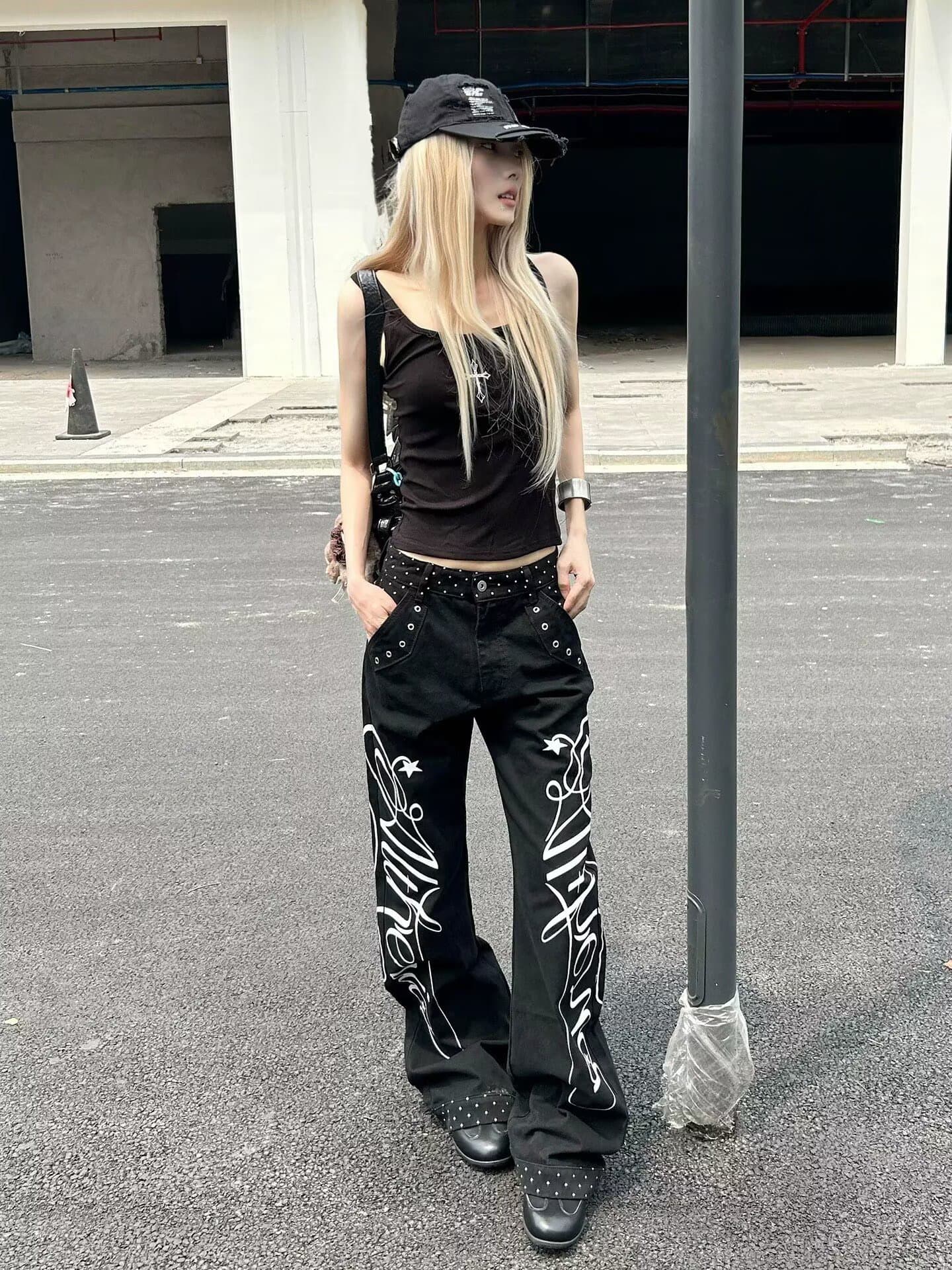 아메리칸 국가 트렌디 스트리트 댄스 루즈핏 캐주얼 가시 낙서 더블 측면 대 프린트 웃음 하 캐주얼 웨이 바지 무용 바지 상세 이미지 7