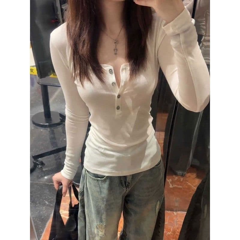 한 부서 레트로 헨리 칼라 화이트 긴팔 티셔츠 여성 봄 가을 새로운 몸매 가꾸기 슬림해 보이는 단추 디자인 센스 맨위 상세 이미지 4