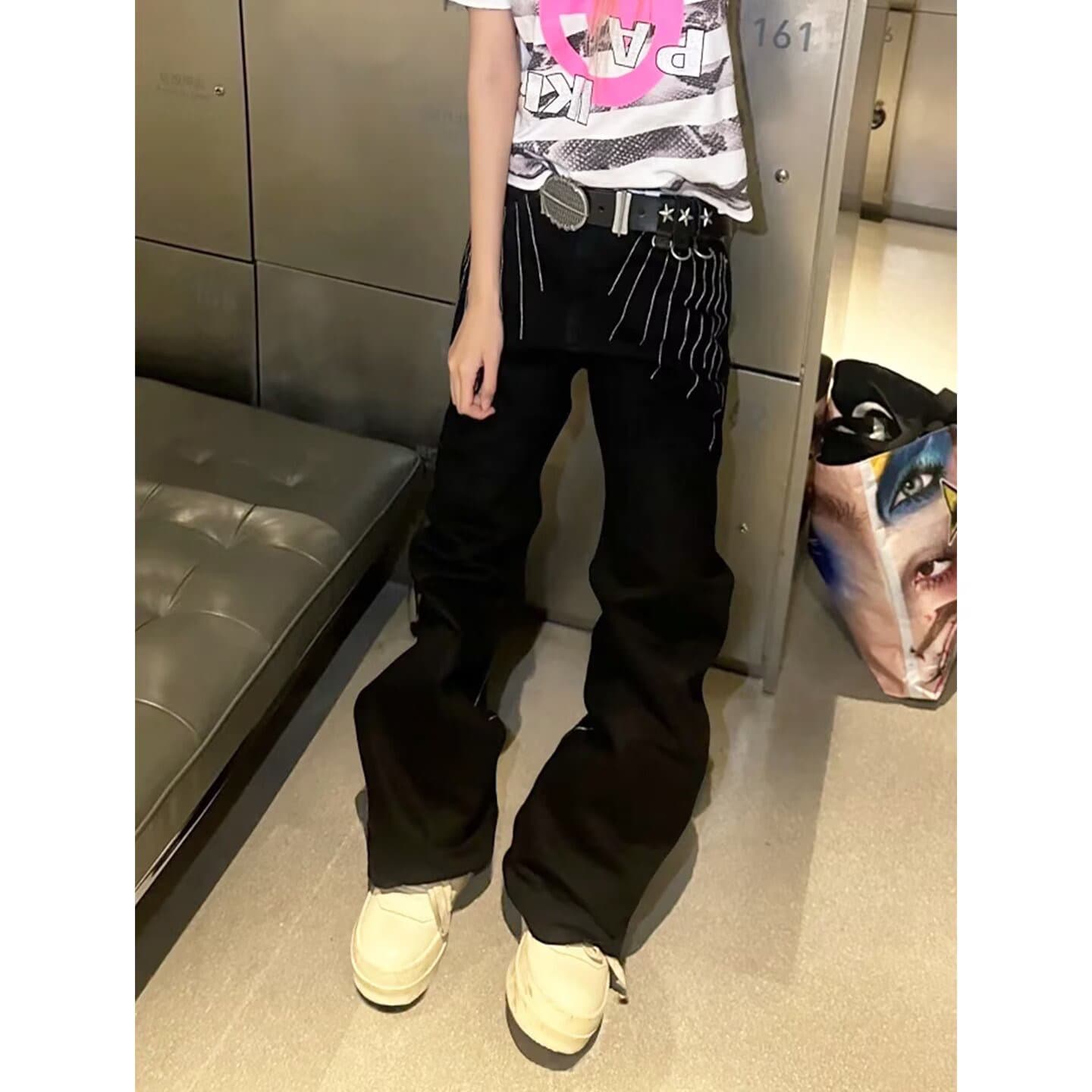 아메리칸 높음 거리 바람 악당 잘 생긴 튀김 거리 마이크로 부츠컷 청바지 남녀 조수 브랜드 몸매 가꾸기 슬림해 보이는 스트레이트 긴 바지