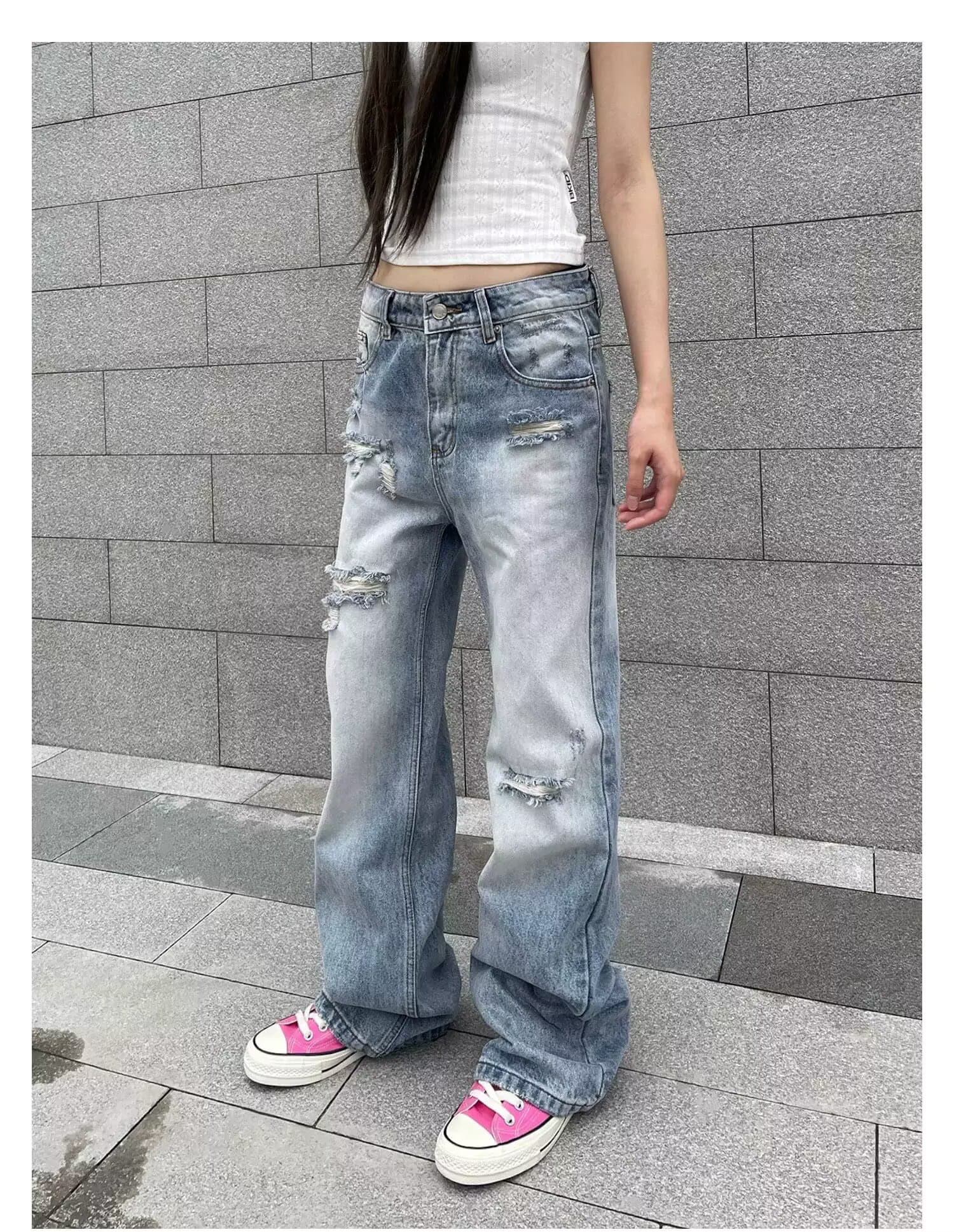 봄 여름 트렌드 한국 스타일 악당 잘 생긴 워싱 연삭 화이트 파란색 찢어진 부분 잉글랜드 바지 청년 남성 캐주얼 청바지 여성 상세 이미지 8