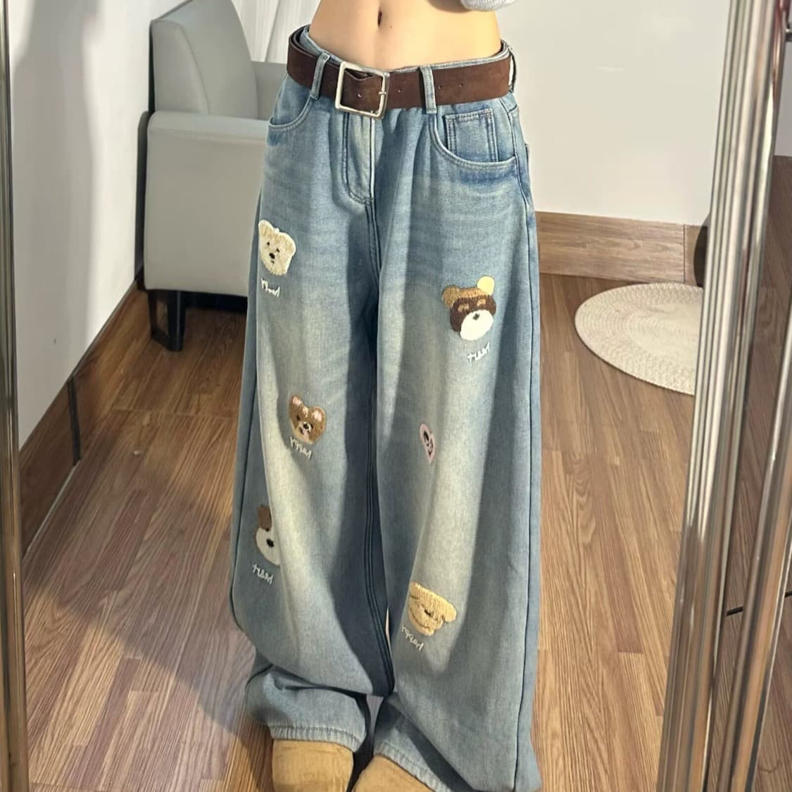 봄 여름 아메리칸 레트로 청바지 남녀 새로운 강아지 자수 무거운 워싱 스트레이트 롱 바지 상세 이미지 4