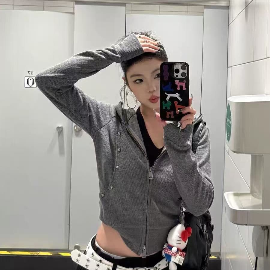 아메리칸 레트로 더블 머리 지퍼 오픈 가디건 몸매 가꾸기 후드 티 스웨터 가을 슬림해 보이는 쇼트 스타일 여성 코트