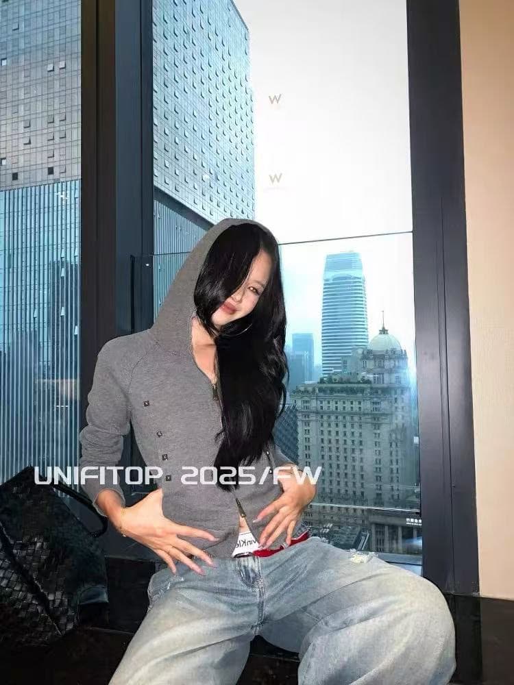아메리칸 레트로 더블 머리 지퍼 오픈 가디건 몸매 가꾸기 후드 티 스웨터 가을 슬림해 보이는 쇼트 스타일 여성 코트 상세 이미지 2
