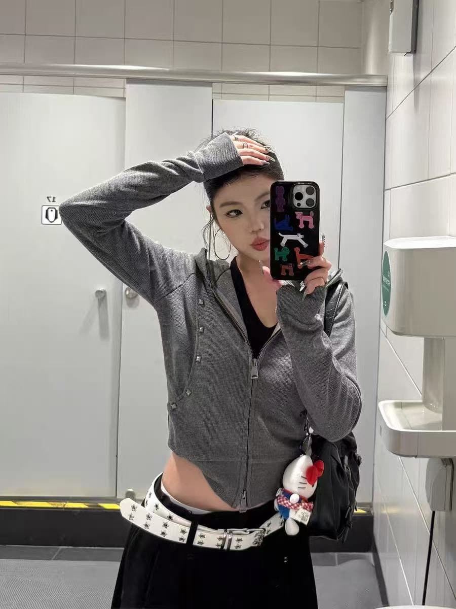 아메리칸 레트로 더블 머리 지퍼 오픈 가디건 몸매 가꾸기 후드 티 스웨터 가을 슬림해 보이는 쇼트 스타일 여성 코트 상세 이미지 6