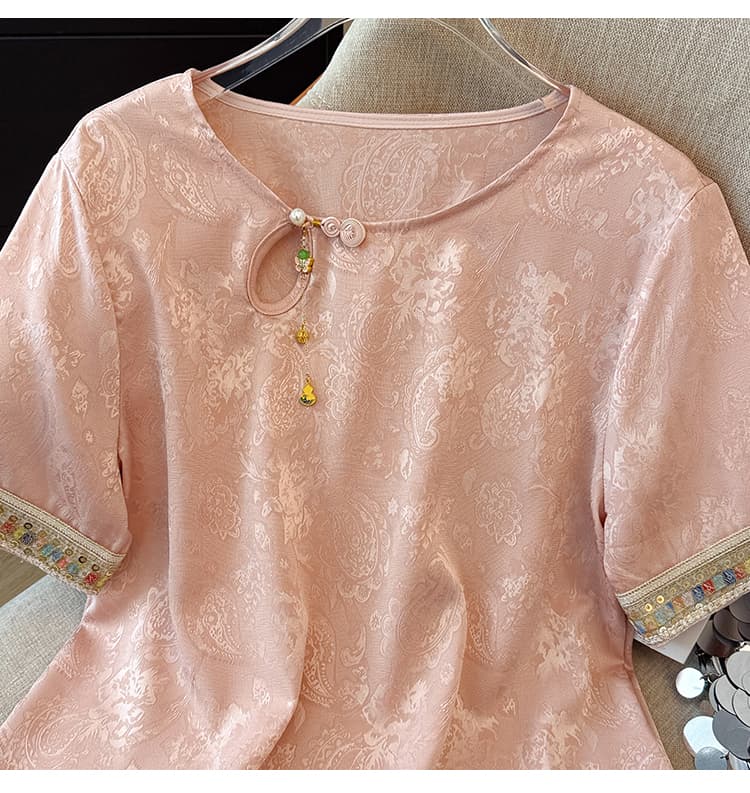 실사 새로운 중식 원 웨이 자카드 라운드 넥 단추 반팔 루즈핏 작은 셔츠 2026 여름 새로운 여성 미니멀리즘 다용도 상세 이미지 14