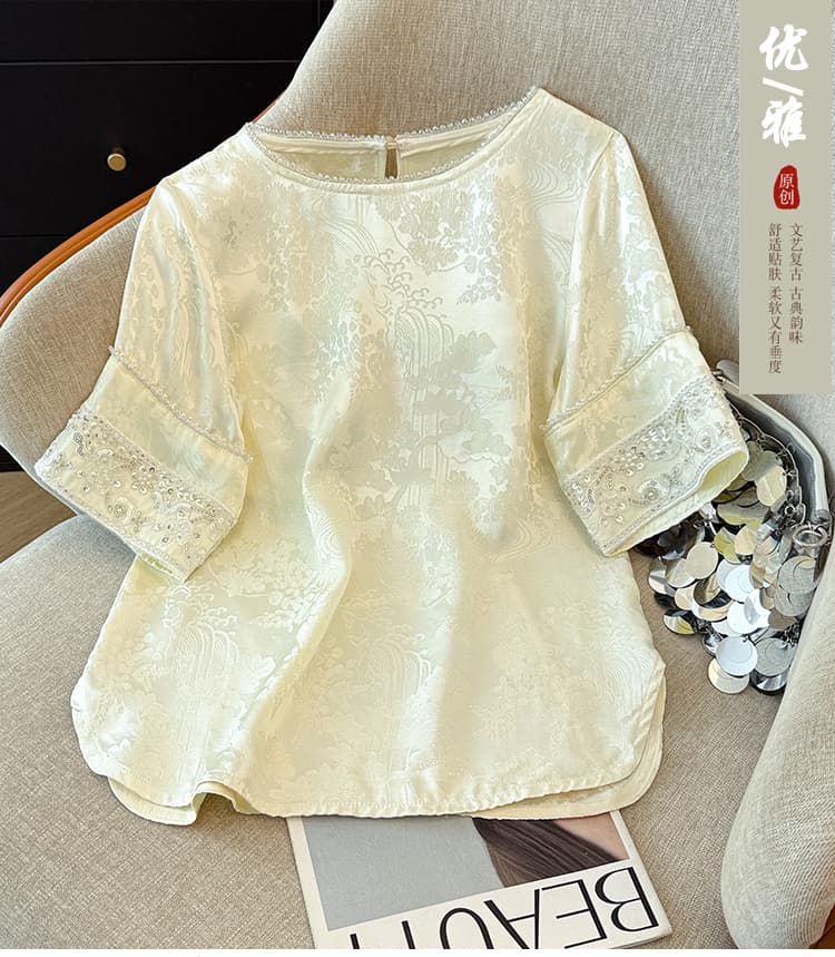 실사 새로운 중식 라운드 넥 자카드 자수 당나라 여성 셔츠 국풍 패션 인사이드 가져 가라. 셔츠 상세 이미지 1