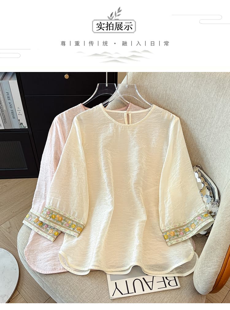 실사 새로운 중식 쌀 화이트 부드러운 분말 커프스 자수 질감 센스 주간 실크 여성 셔츠 여름 라운드 넥 7부 소매 맨위 상세 이미지 11