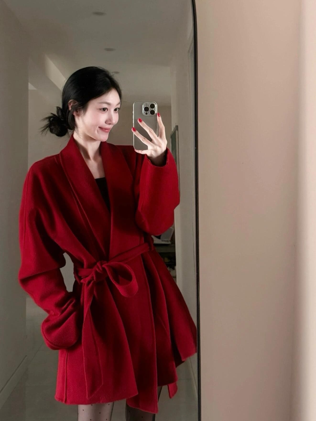 실사 정가 새로운 한국 스타일 샤오시엔 풍차 PCT 어린이 빨간 중간 롱 코트 모직 코트