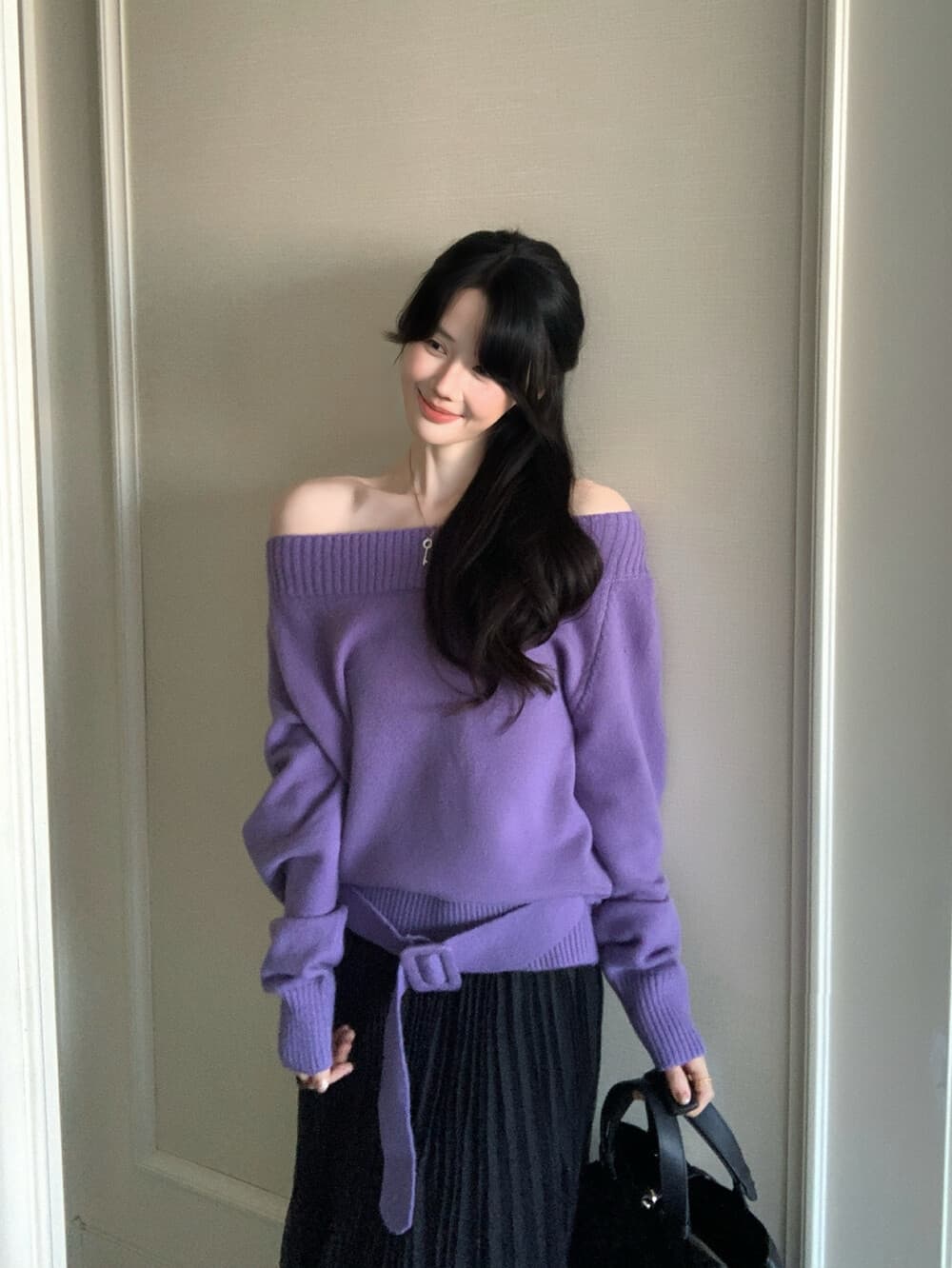 실사 정가 한 여성 디자인 센스 벨트 섹션 품격 오프숄더 느슨함 센스 풀오버 상세 이미지 4
