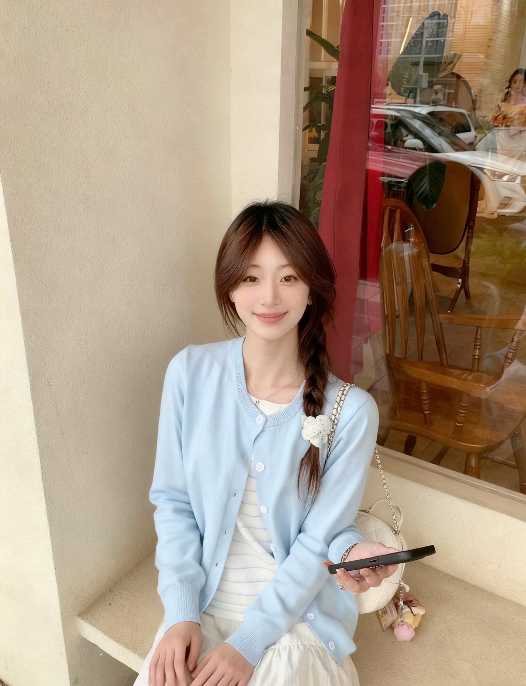 실사 정가 라운드 넥 긴팔 니트 오픈 가디건 도파민 파란색 외출용 루즈핏 맨위 상세 이미지 1