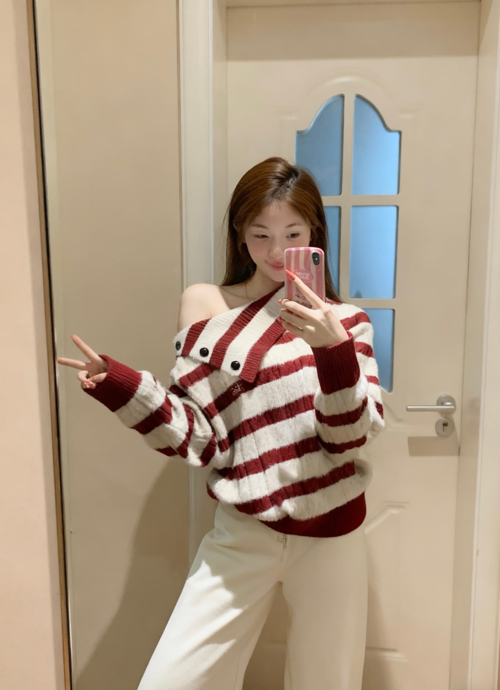 실사 정가 한 부서 비스듬한 어깨 패션 스트라이프 스웨터 루즈핏 맨위 이미지 3