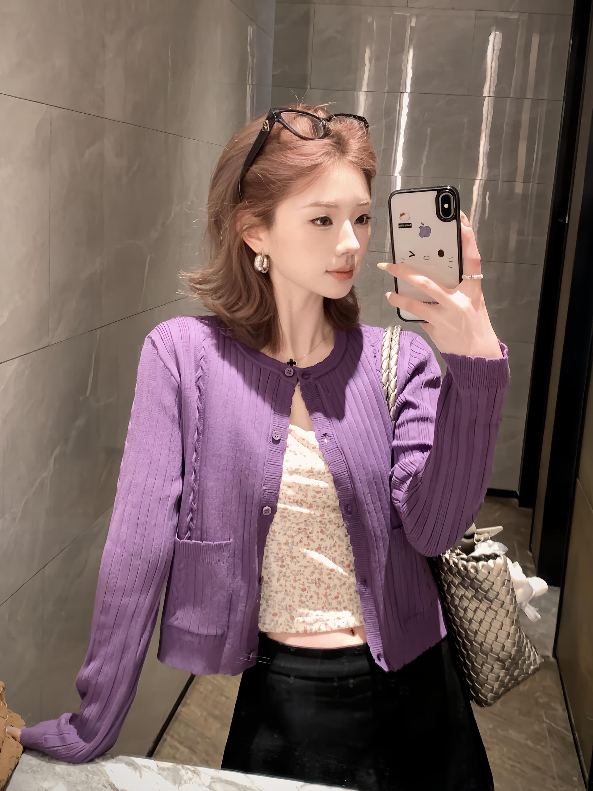 실사 정가 핫걸 꽃무늬 캐미솔 인사이드 가져 가라. 이른 봄 보라색 몸매 가꾸기 오픈 가디건 세트 이미지 3
