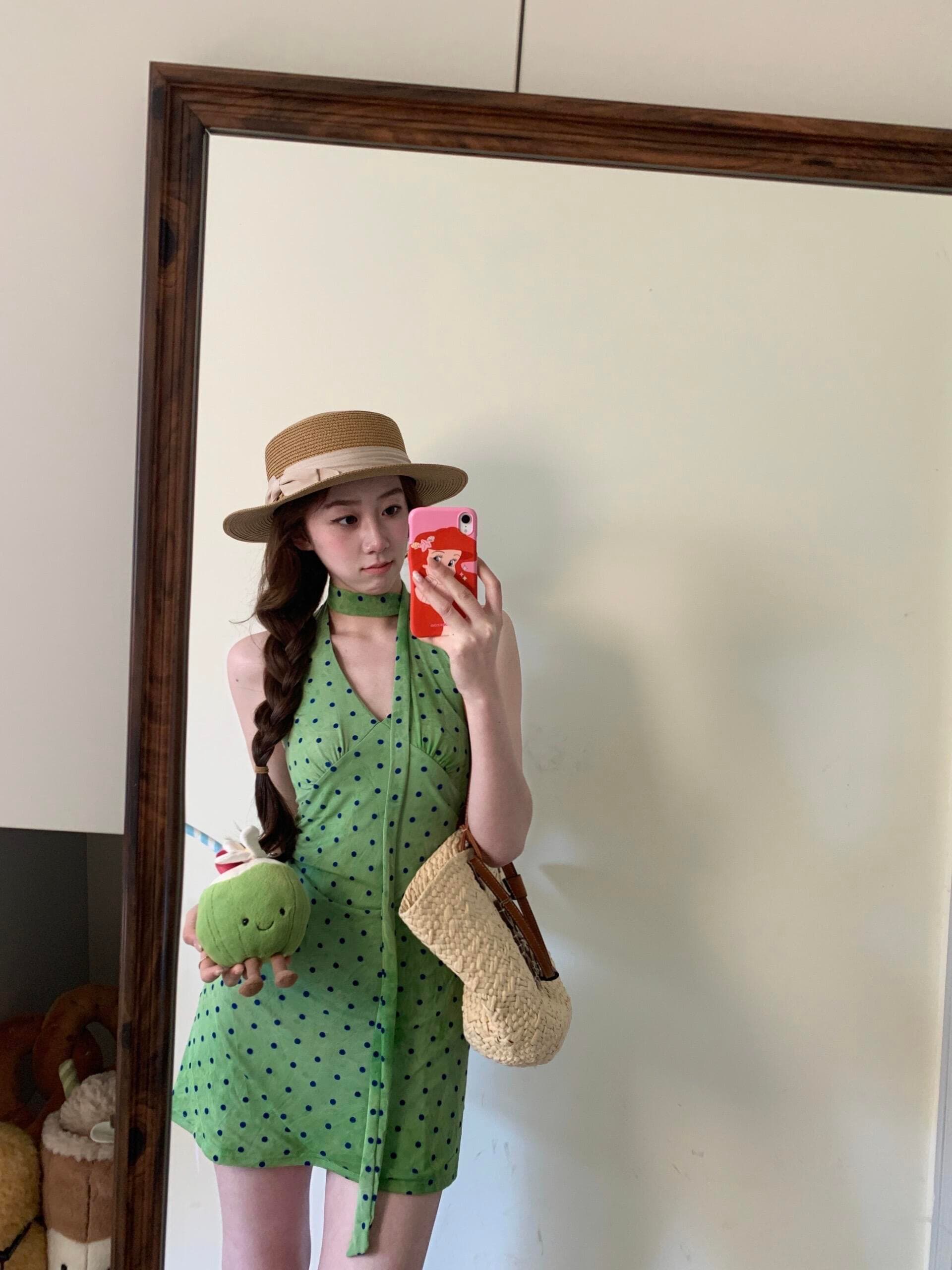 실사 정가 프랑스식 레트로 녹색 도트 무늬 행침 목 여성 드레스 여름 허리 수축 휴가 바람 타이트 스커트 미니 스커트