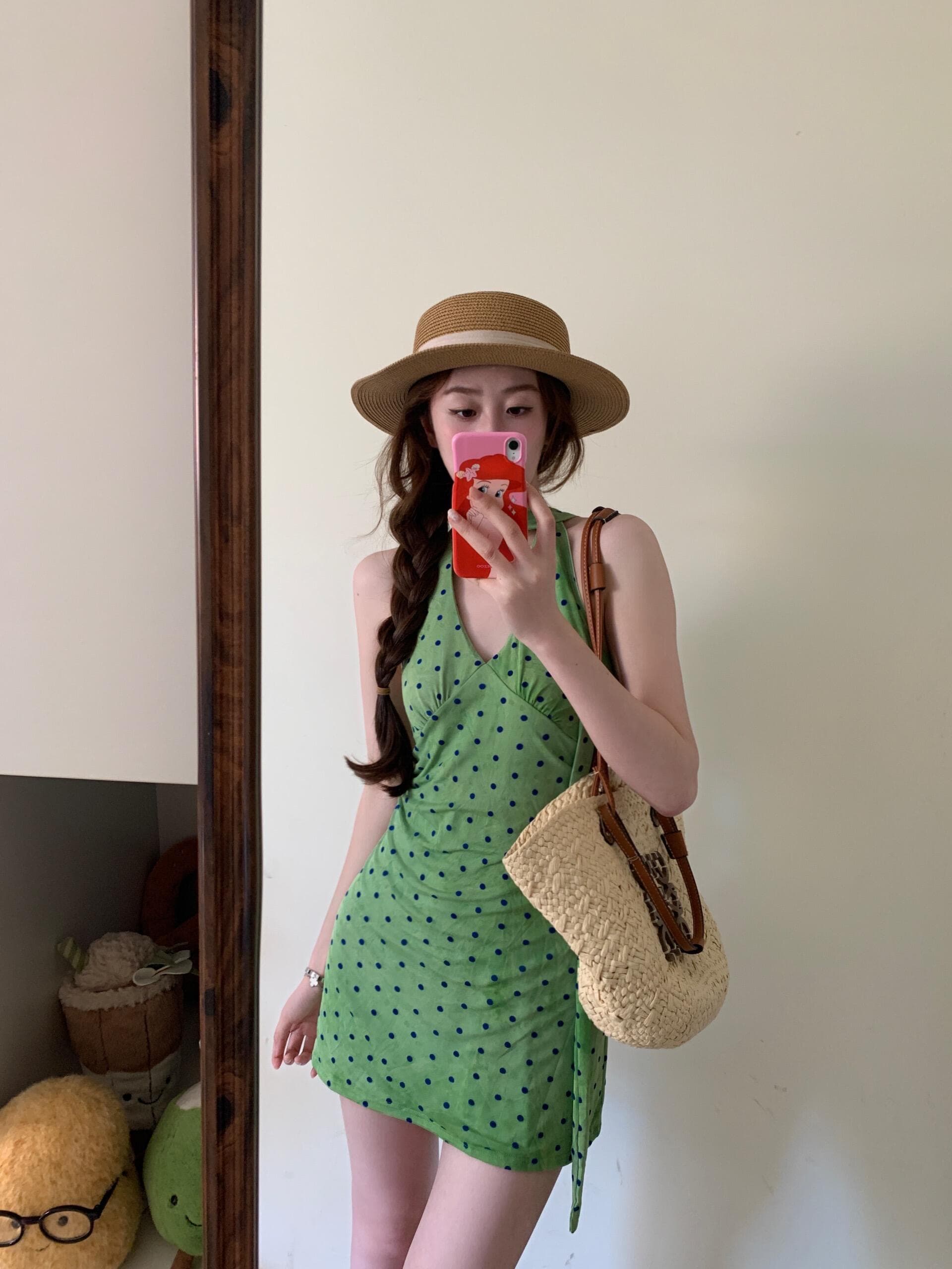 실사 정가 프랑스식 레트로 녹색 도트 무늬 행침 목 여성 드레스 여름 허리 수축 휴가 바람 타이트 스커트 미니 스커트 상세 이미지 1