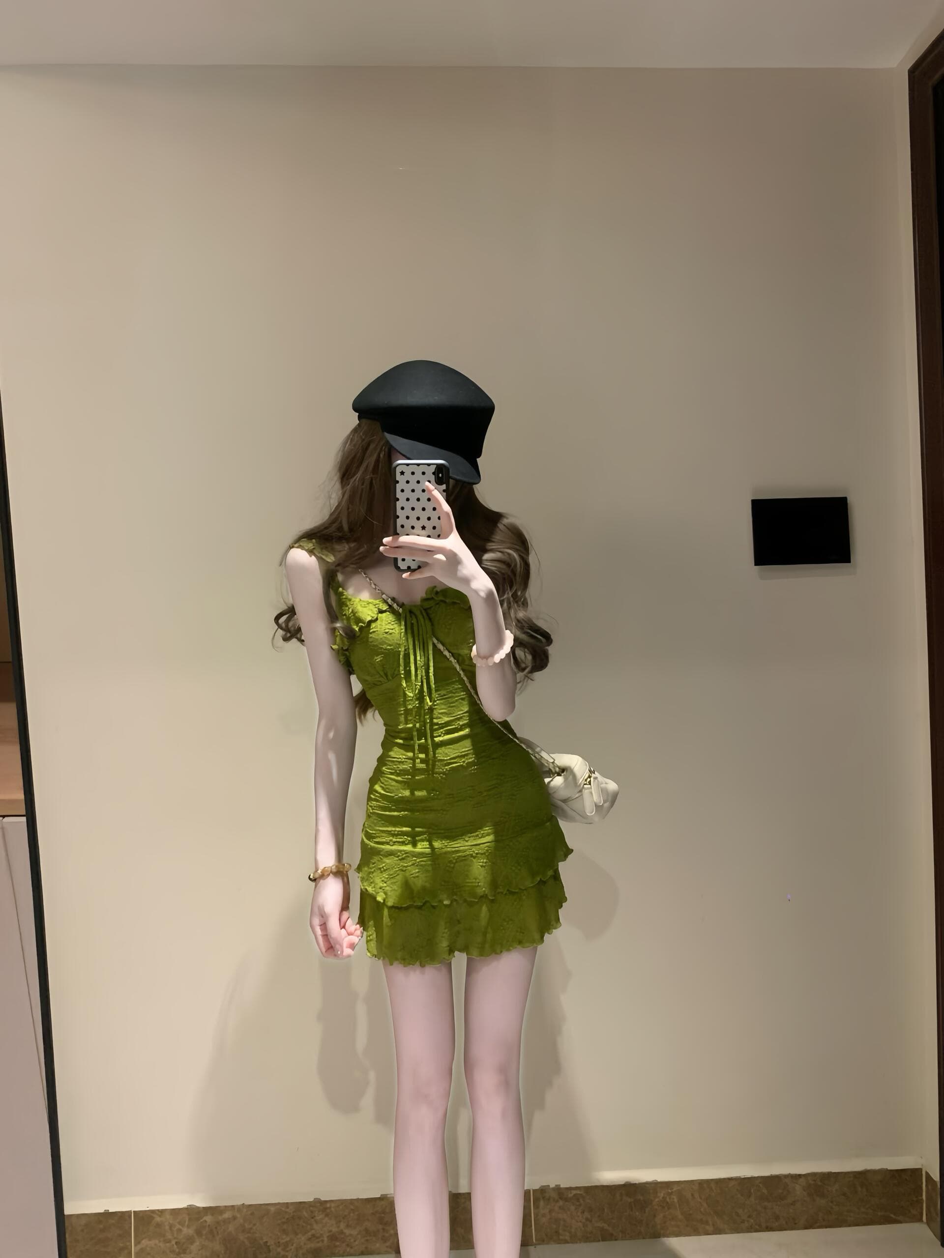 실사 정가 순수한 욕망 바람 녹색 슬립 여성 드레스 여름 몸매 가꾸기 허리 수축 슬림해 보이는 치마