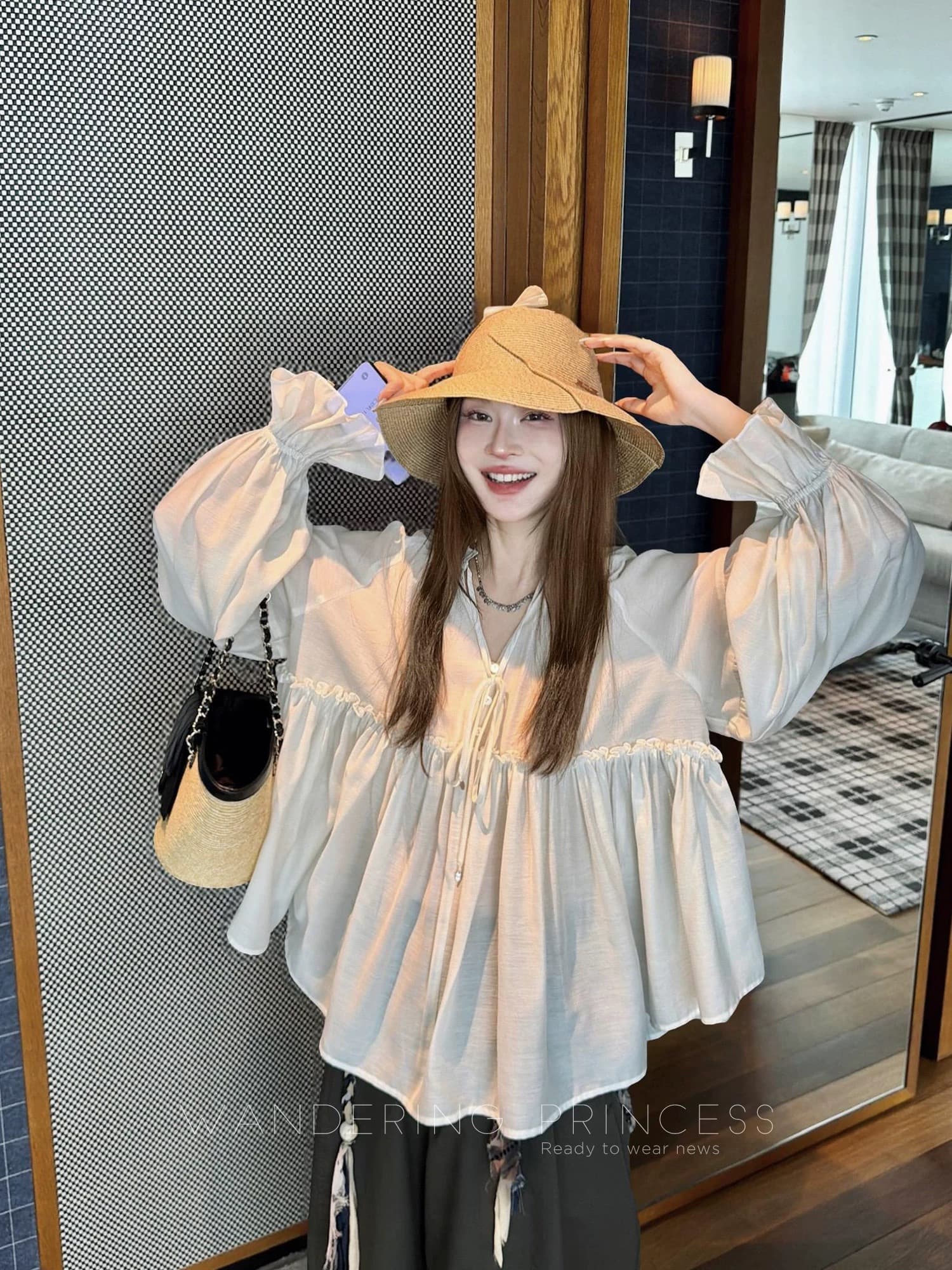 돈 미 서부 3 8 생방송 있음 열기 저항 주름 아세트산 수공 펌프 Pleat 프릴 요정 인형 셔츠 맨위 상세 이미지 4
