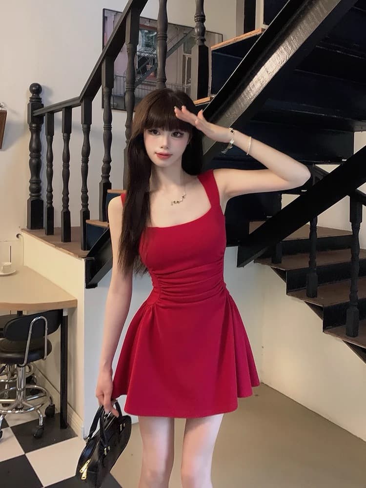회화 솔루션 wahju 사랑 리 초기 일어나세요. 슬림해 보이는 허리 수축 여름 슬립 여성 드레스 품격 연령 감소 민소매 미니 스커트 상세 이미지 1