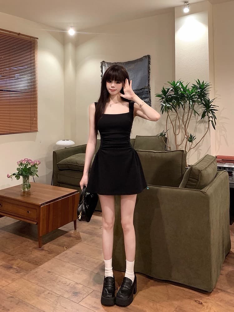 회화 솔루션 wahju 사랑 리 초기 일어나세요. 슬림해 보이는 허리 수축 여름 슬립 여성 드레스 품격 연령 감소 민소매 미니 스커트 상세 이미지 2
