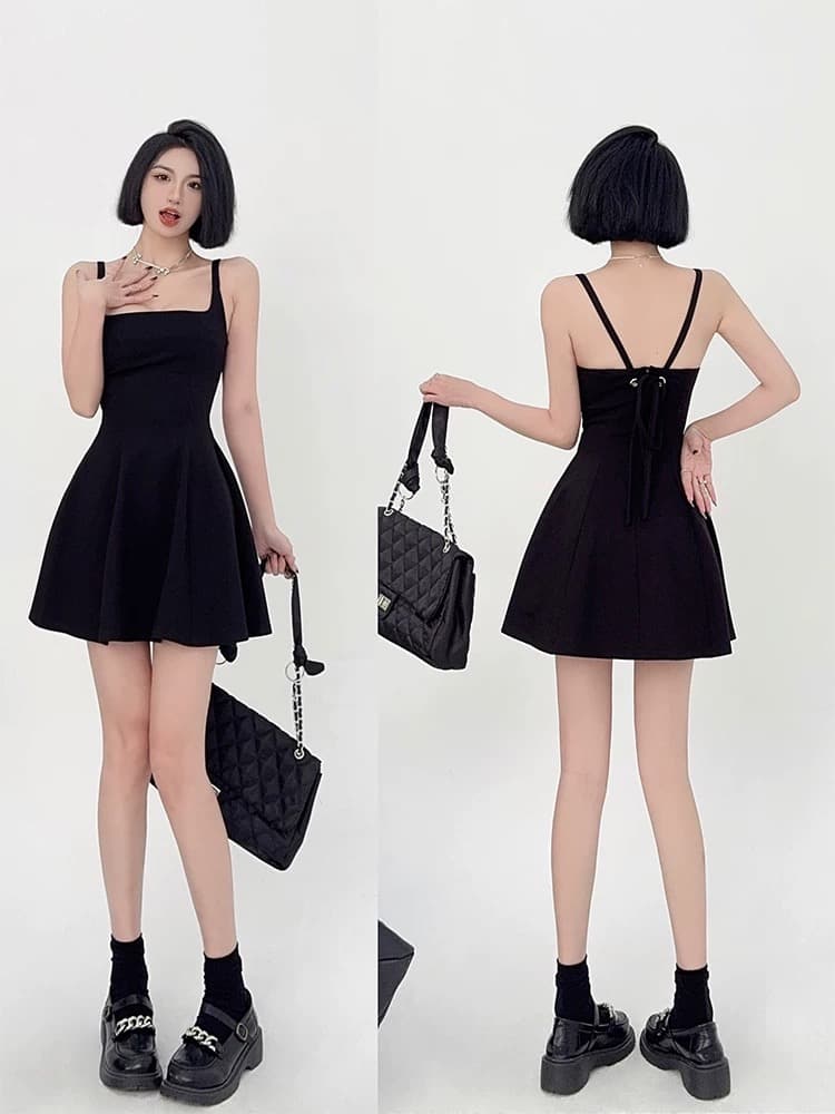 얕은 천 조정 키 큰 남자 한 마디 미니 스커트 봄 여름 광장 칼라 하이웨이스트 슬림해 보이는 품격 신축성 허리 수축 작은 검은 드레스 슬립 드레스 이미지 2