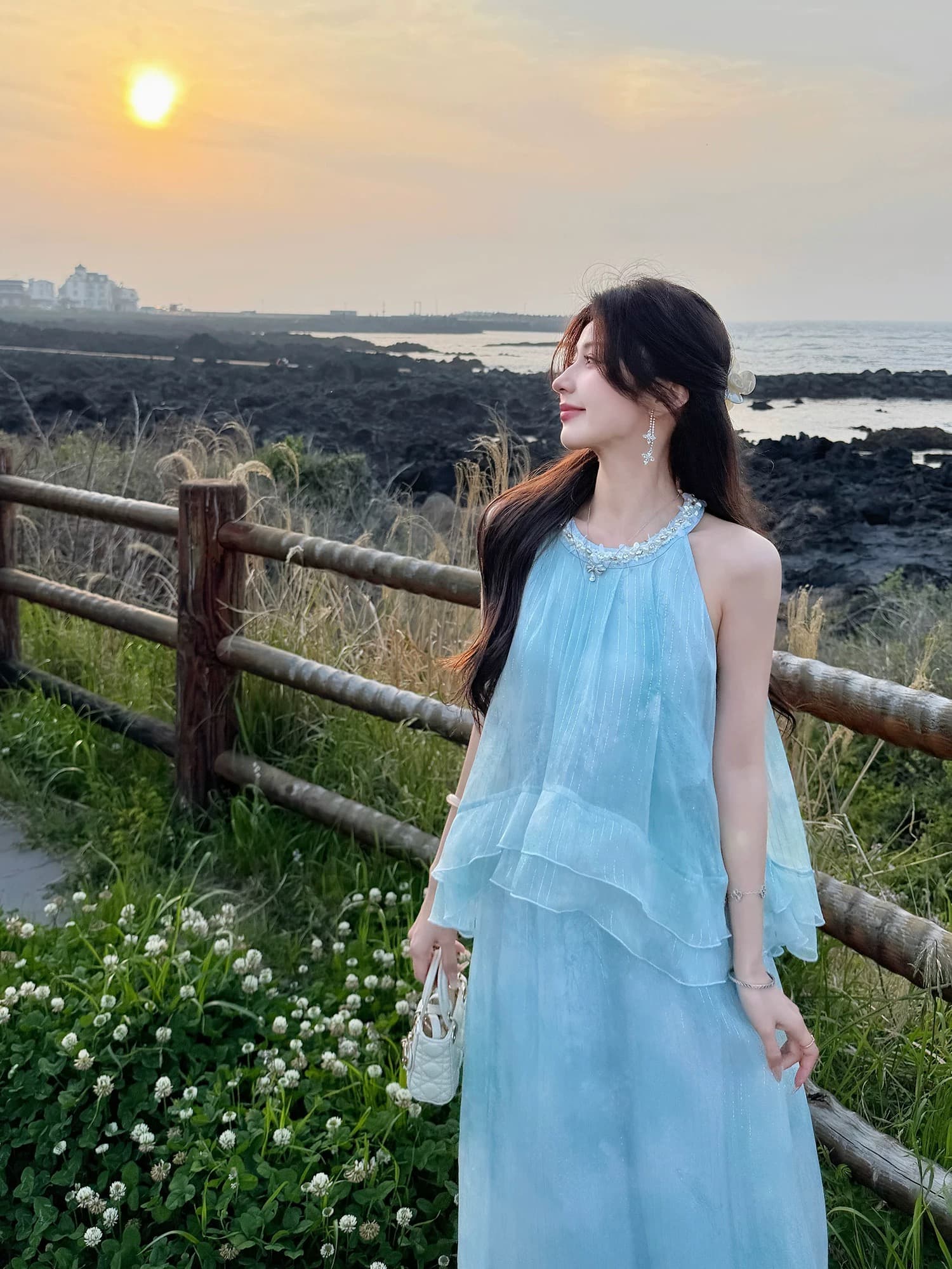 잉여금 도자기 실크 블루 안개 소문 뽕나무 누에 실크 페이크 레이어드 행침 목 여성 드레스 여름 작은 키 휴가 바람 롱 스커트 이미지 4