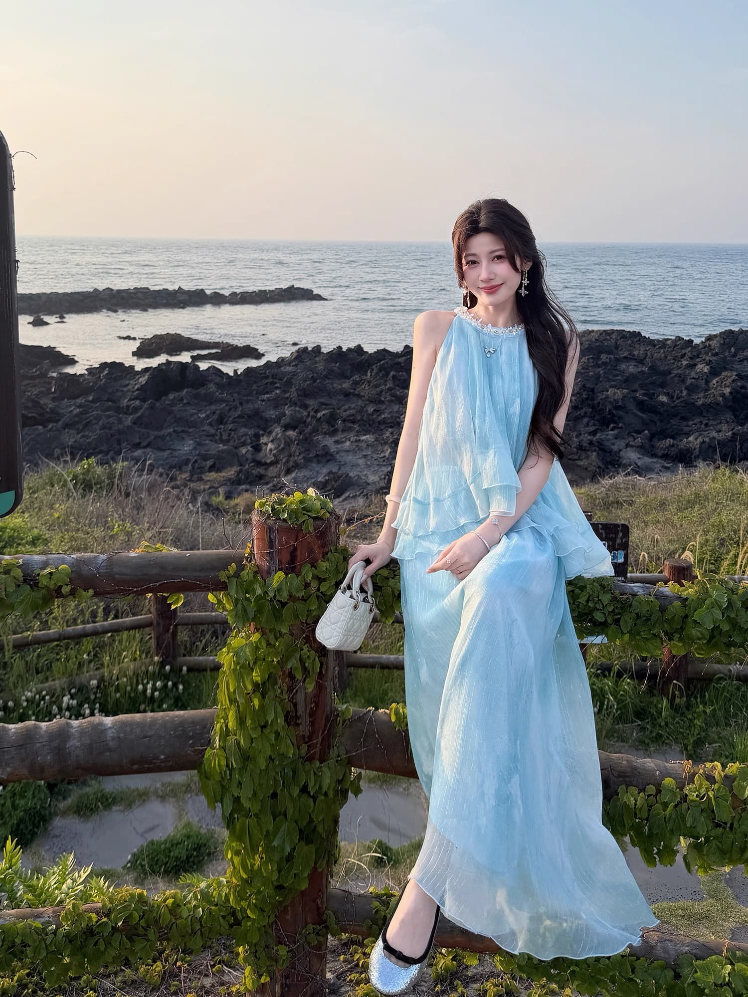 잉여금 도자기 실크 블루 안개 소문 뽕나무 누에 실크 페이크 레이어드 행침 목 여성 드레스 여름 작은 키 휴가 바람 롱 스커트 상세 이미지 4