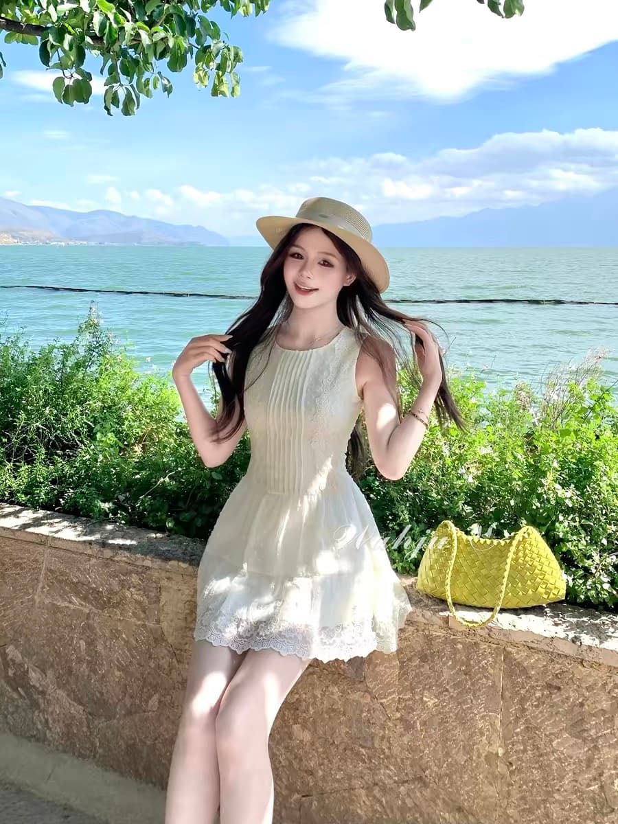 회화 솔루션 wahju 백색 이슬 부드러운 실 여름 프랑스식 순수한 욕망 레이스 조각 허리 수축 슬림해 보이는 민소매 한 마디 드레스