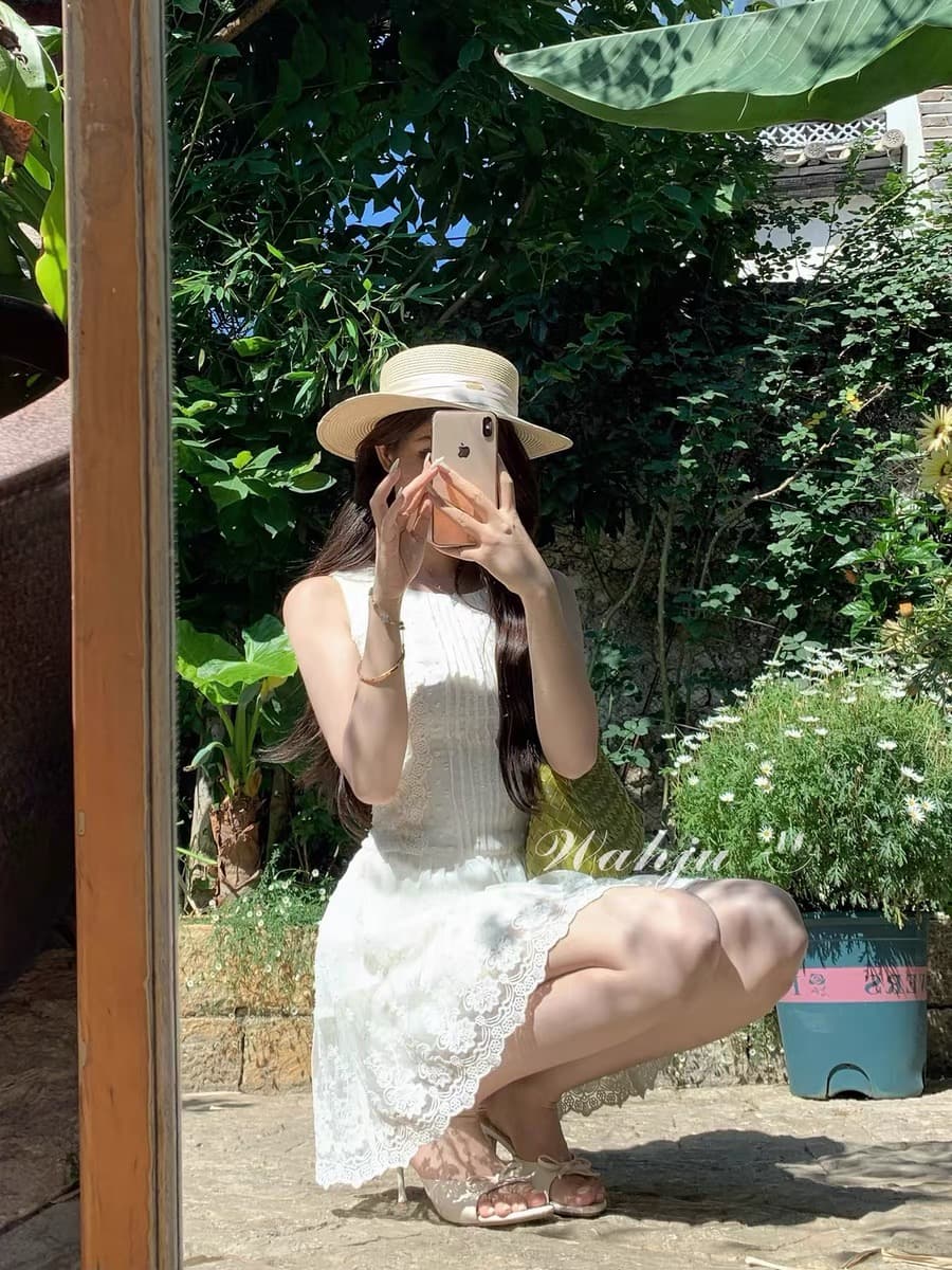 회화 솔루션 wahju 백색 이슬 부드러운 실 여름 프랑스식 순수한 욕망 레이스 조각 허리 수축 슬림해 보이는 민소매 한 마디 드레스 상세 이미지 2