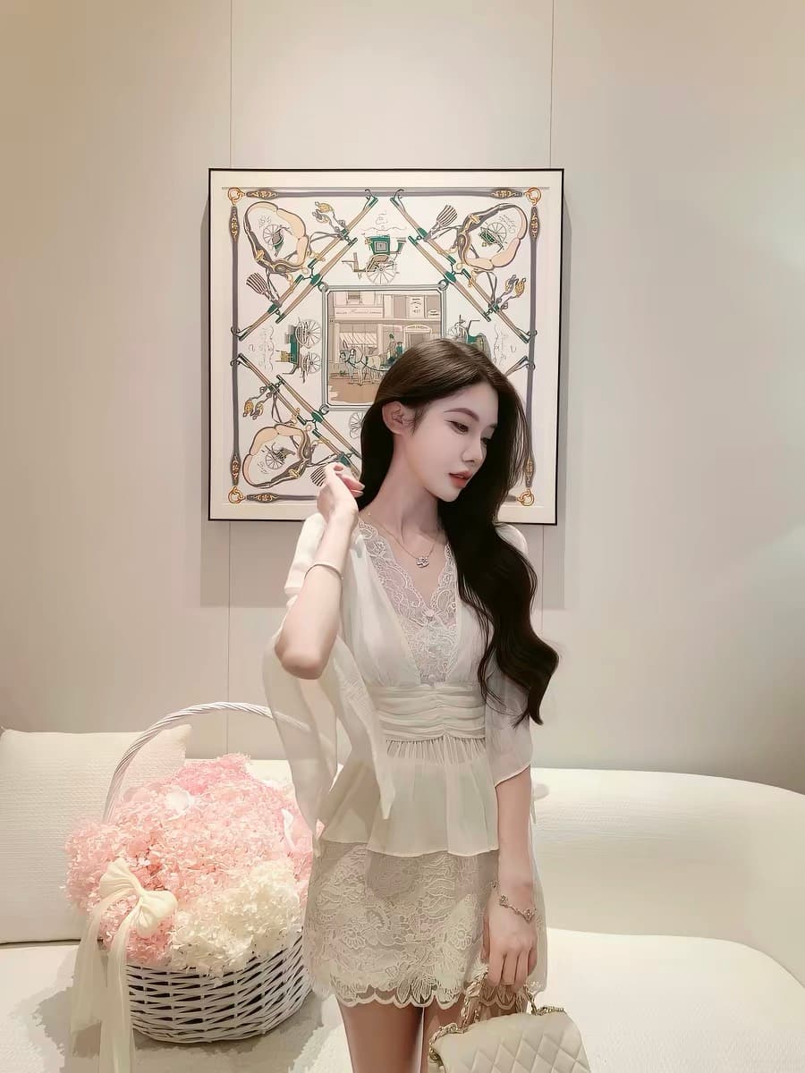 justqin 6 3 부드러운 실 하트 비트 새로운 여름 드레스 명문 여성 바람 허리 수축 맨위 레이스 측면 쉬폰 작은 셔츠 여성 상세 이미지 3