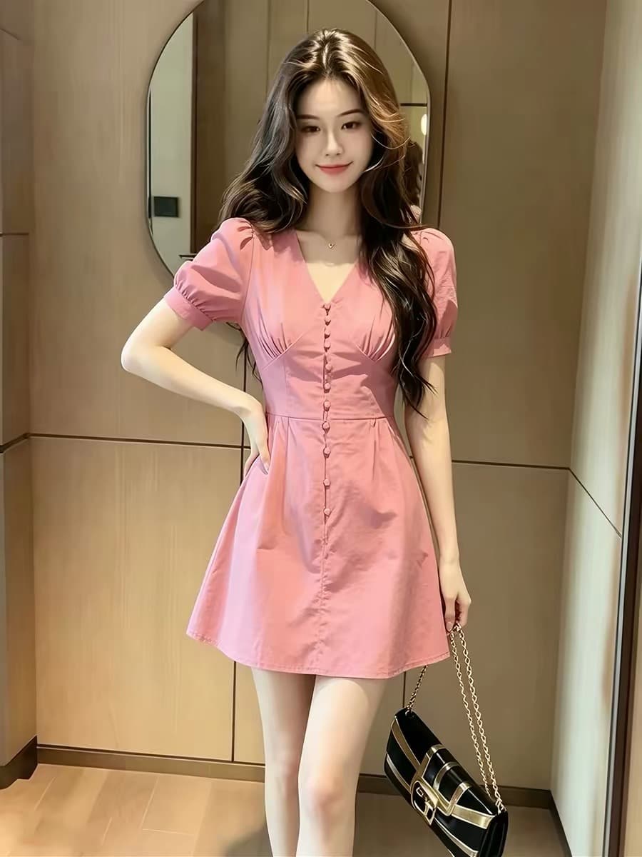 프랑스식 신선함 바람 패션 달콤함 핑크색 허리 수축 여성 드레스 고급 센스 우아함 패치워크 슬림해 보이는 품격 치마 상세 이미지 1