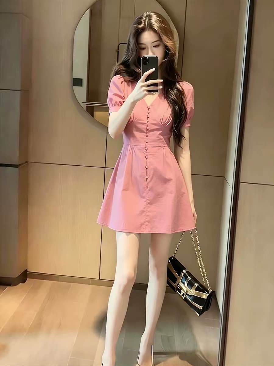 프랑스식 신선함 바람 패션 달콤함 핑크색 허리 수축 여성 드레스 고급 센스 우아함 패치워크 슬림해 보이는 품격 치마 상세 이미지 4