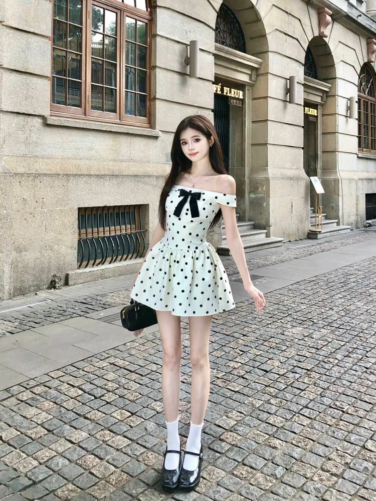 회화 솔루션 wahju 스타 꾸밈음 여름 새로운 디자인 센스 나비 매듭 허리 수축 슬림해 보이는 도트 무늬 여성 드레스 상세 이미지 3