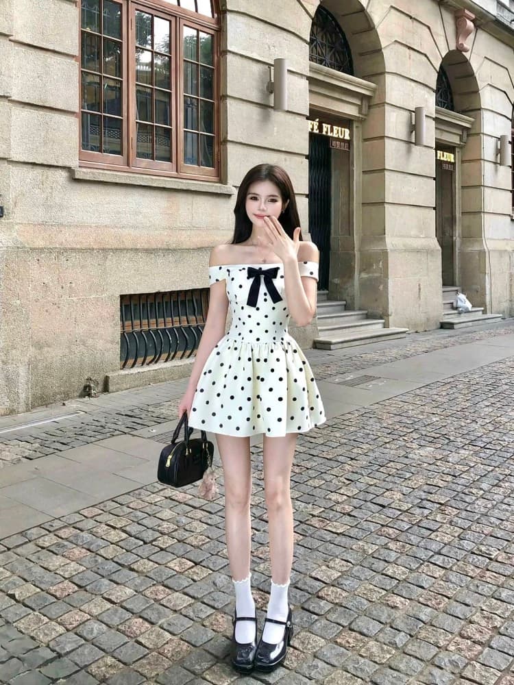 회화 솔루션 wahju 스타 꾸밈음 여름 새로운 디자인 센스 나비 매듭 허리 수축 슬림해 보이는 도트 무늬 여성 드레스 상세 이미지 4