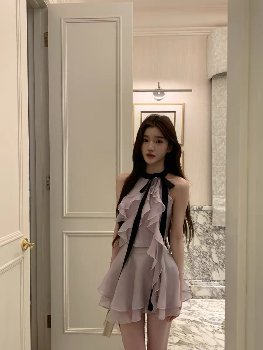 yyw 웨이브 새틴 얼음 포도 바이올렛 배색 프릴 나비 매듭 맨위 반 스커트 상세 이미지 5