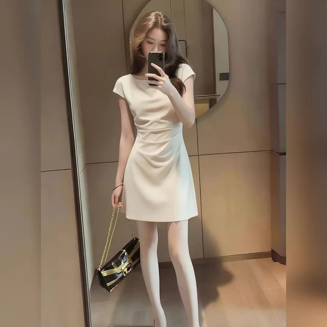 2026 여름 새로운 출퇴근 바람 살구 색상 여성 드레스 꼬집기 허리 빛 럭셔리 고급 센스 작은 대중 우아함 품격 치마 이미지 5