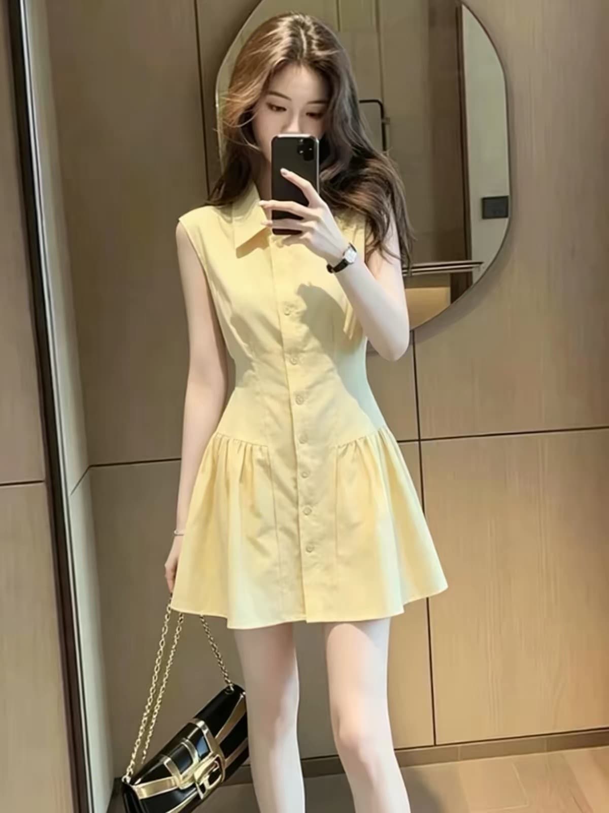 프랑스식 부드러운 황색 POLO 칼라 허리 수축 여성 드레스 여름 민소매 디자인 센스 연령 감소 작은 키 조끼 미니 스커트 이미지 3