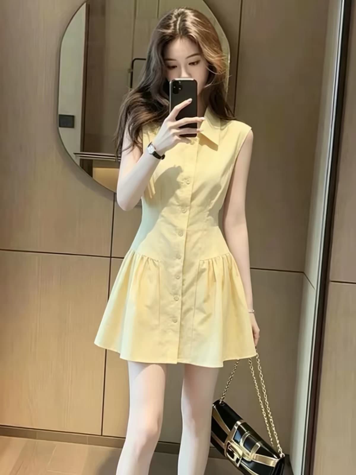 프랑스식 부드러운 황색 POLO 칼라 허리 수축 여성 드레스 여름 민소매 디자인 센스 연령 감소 작은 키 조끼 미니 스커트 상세 이미지 2