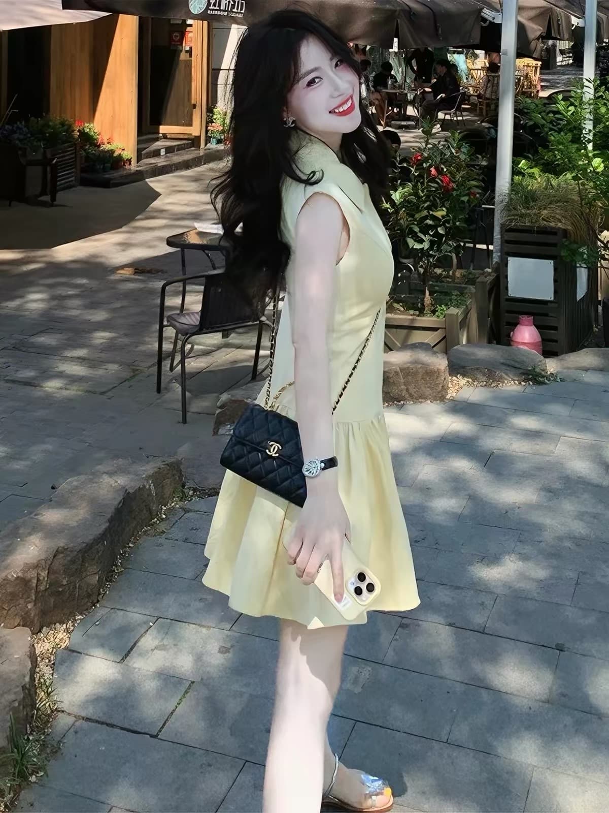 프랑스식 부드러운 황색 POLO 칼라 허리 수축 여성 드레스 여름 민소매 디자인 센스 연령 감소 작은 키 조끼 미니 스커트 상세 이미지 4