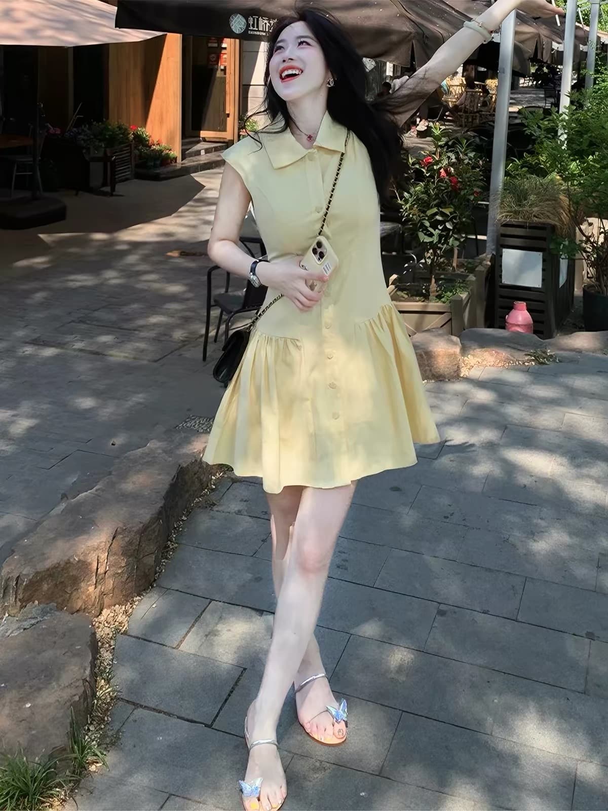 프랑스식 부드러운 황색 POLO 칼라 허리 수축 여성 드레스 여름 민소매 디자인 센스 연령 감소 작은 키 조끼 미니 스커트 상세 이미지 5