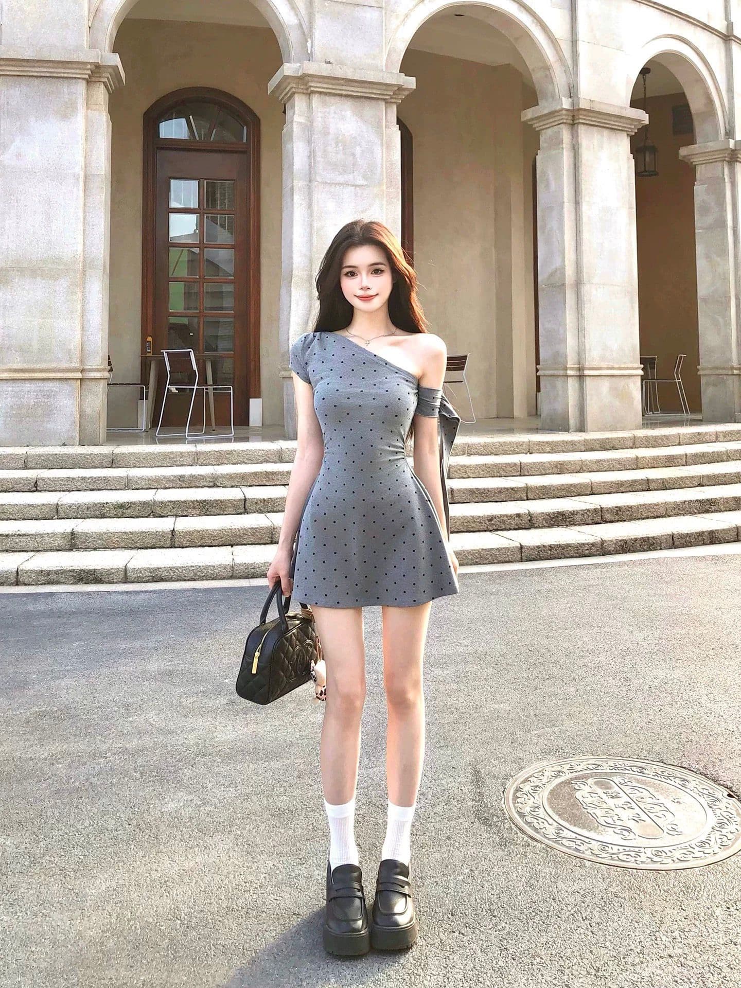 회화 솔루션 wahju 여름 허리 수축 슬림해 보이는 도트 무늬 비스듬한 어깨 여성 드레스 상세 이미지 5