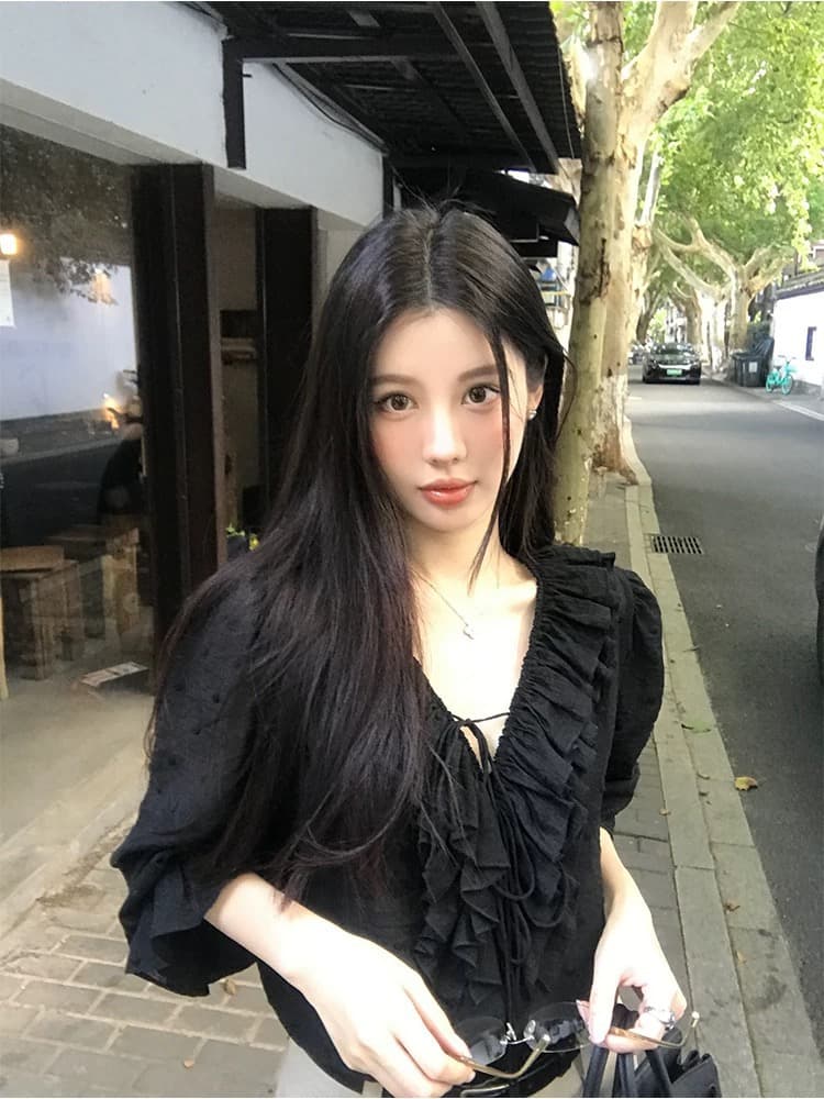 vasse 아름다움 게 프랑스식 품격 V넥 도트 무늬 자수 검정색 프릴 긴팔 여성 가을 마이크로 ~을 통해 레이스 업 셔츠 이미지 4